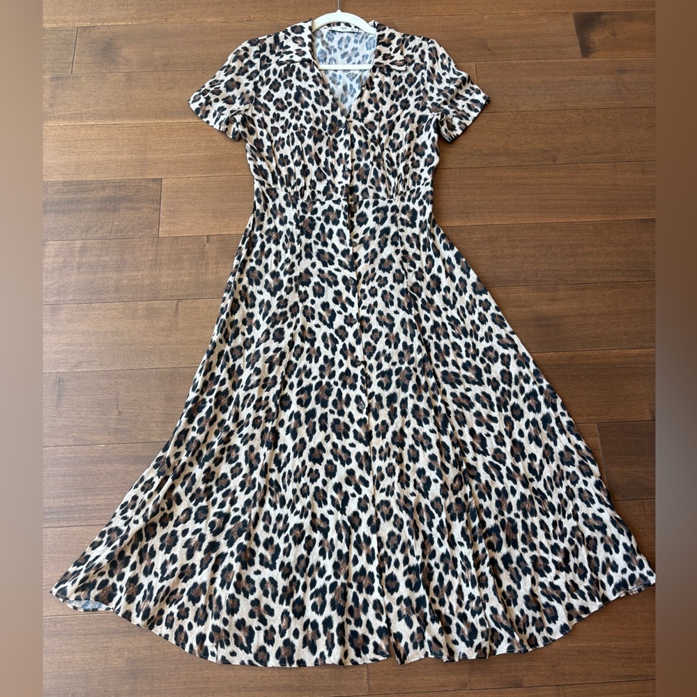 Mango Suit Leopard Animal Print Midi Shirt Waist‎ Dress